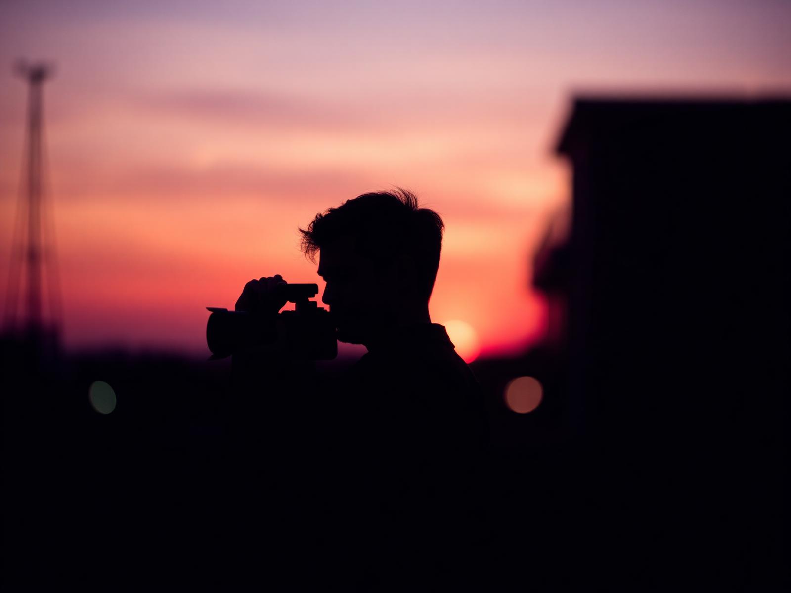 Photographer silhouetted against a violet-hour sunset